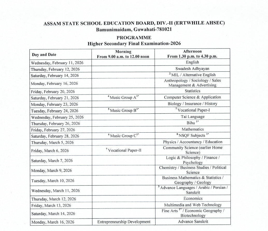 Assam HS Final Exam Routine 2026 